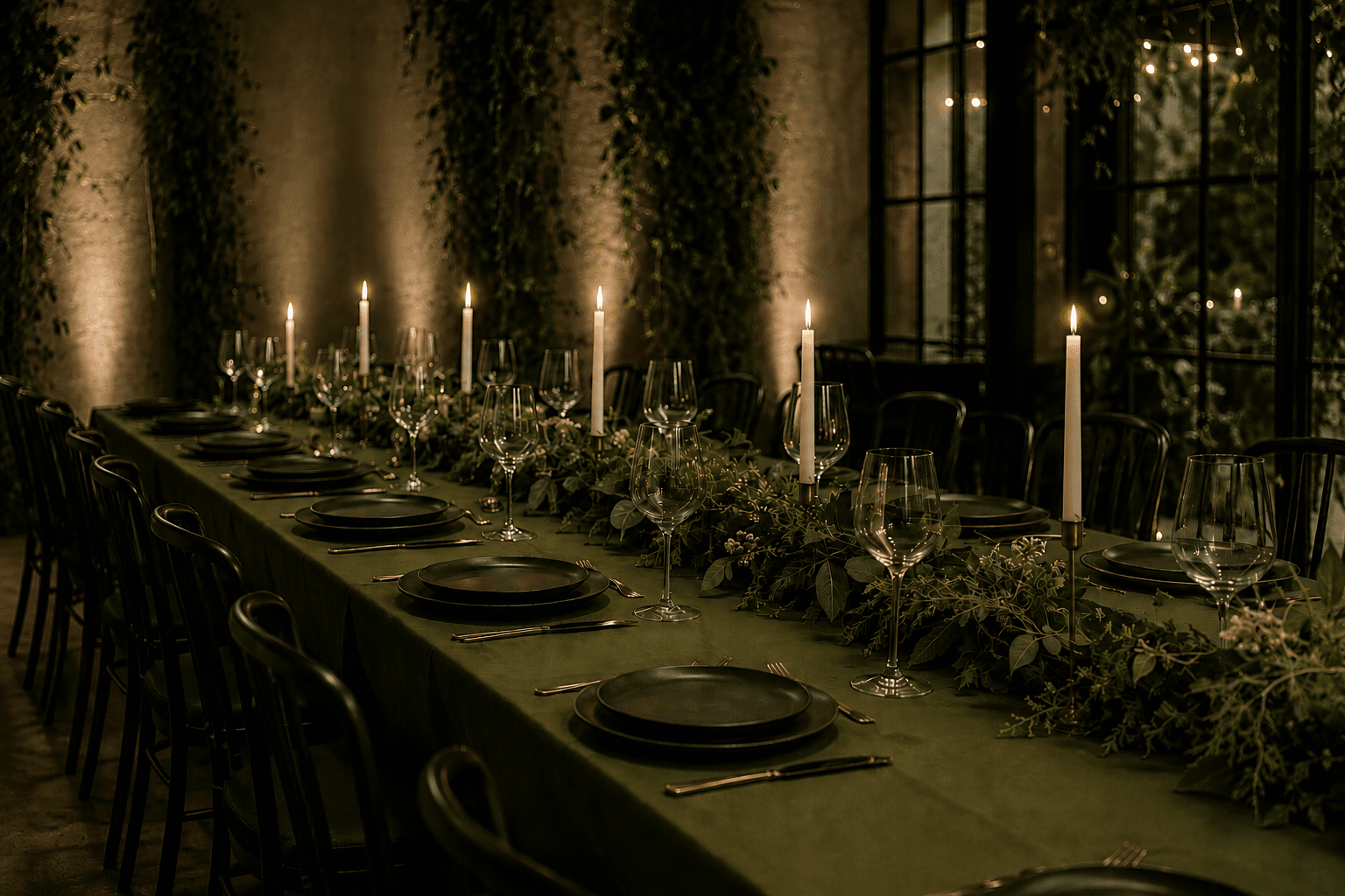 Elegant gedeckte Eventtafel mit Kerzen und Grün